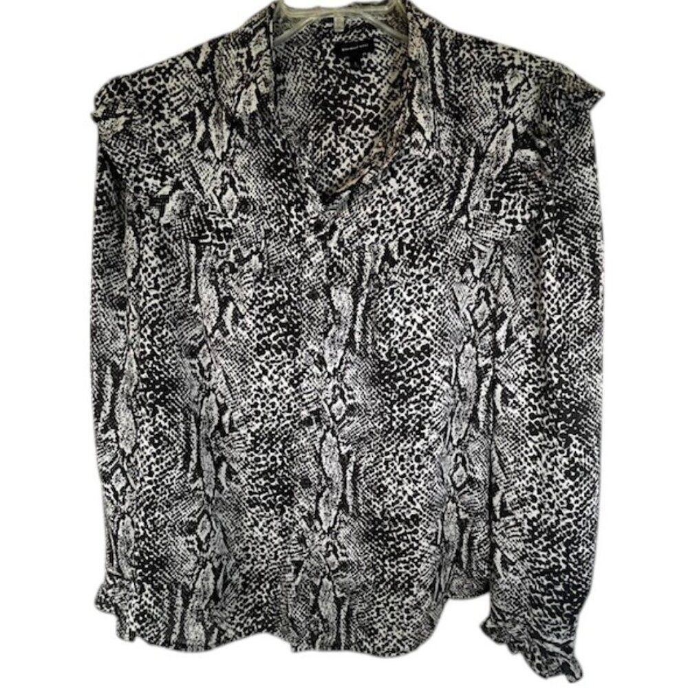 Who What Wear Ruffled Yoke Snake Print Blouse with Long Ruffled Sleeves- Size L